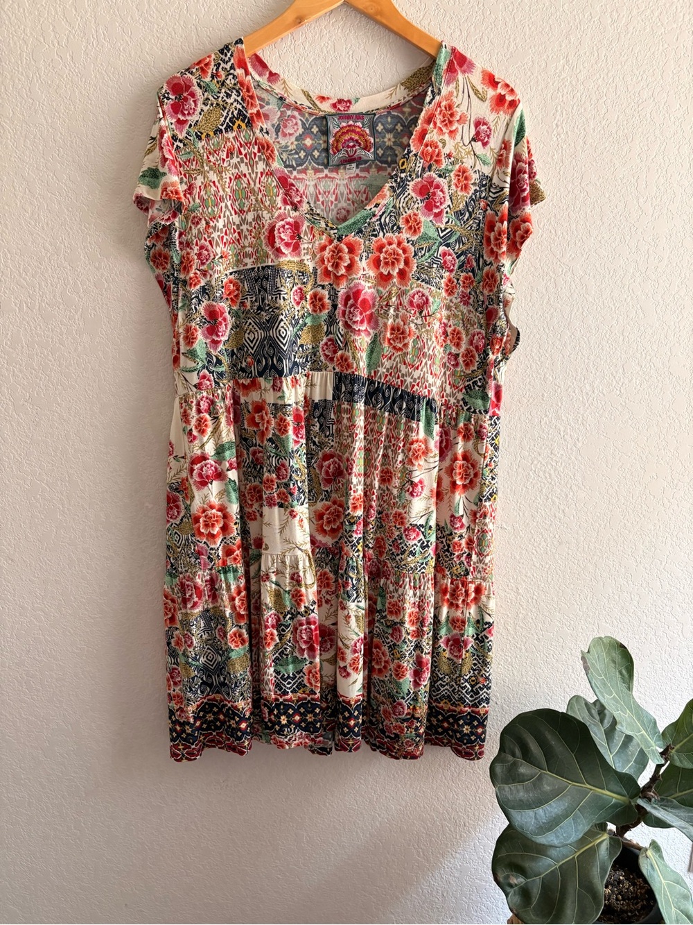 Johnny Was Aztec Flower Tiered Hem Dress XL Boho Patchwork Bamboo Viscose Knit